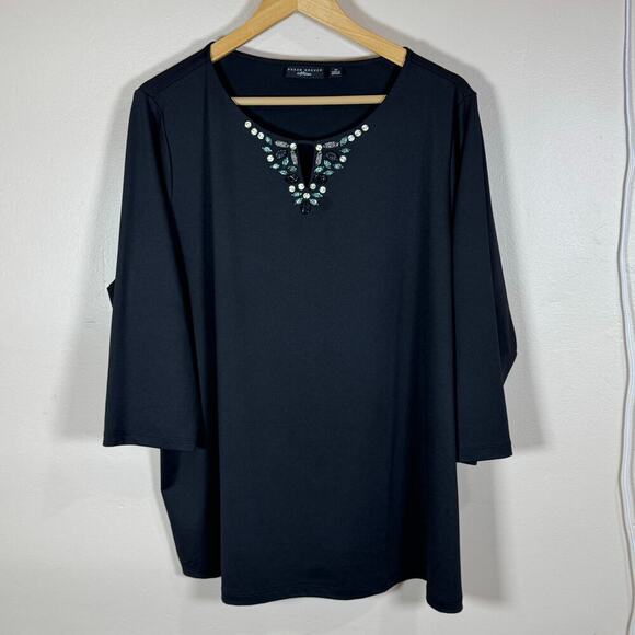 Susan Graver Artisan Women’s plus Size Blouse 2X Liquid Knit Black Beaded - Picture 1 of 7